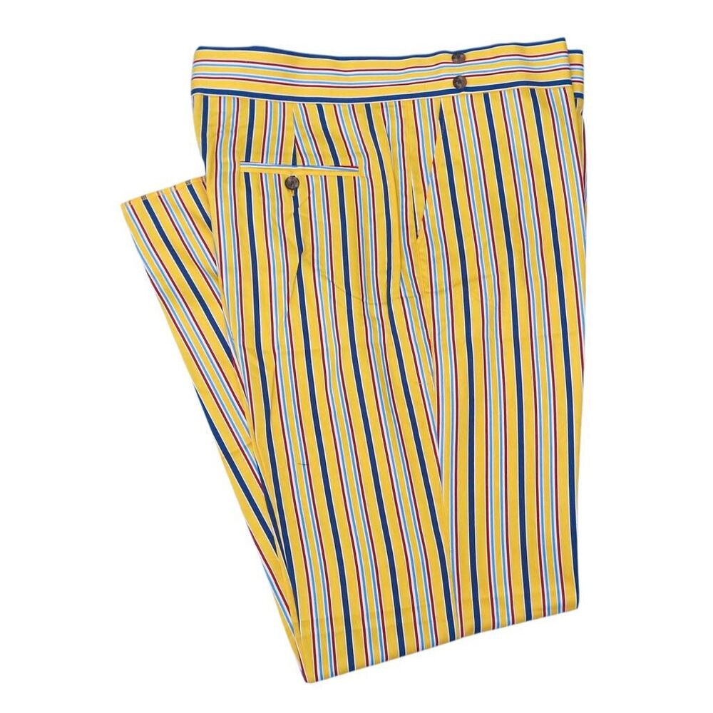 Mens Gurkha Pants 38 Yellow Blue Red Striped Cotton Straight Flat Front Trousers